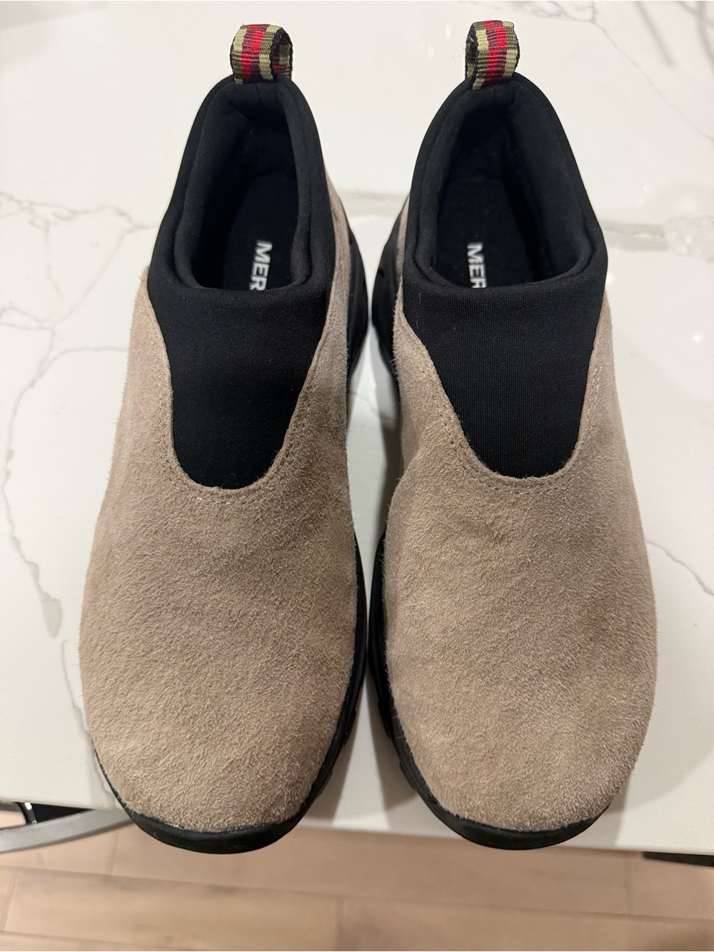 Merrell Taupe Suede Slip-On Sneakers with Black Collar